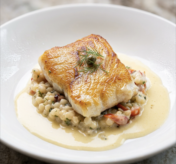 Pan Seared Cod with Saffron Cream Sauce plated with herbed couscous