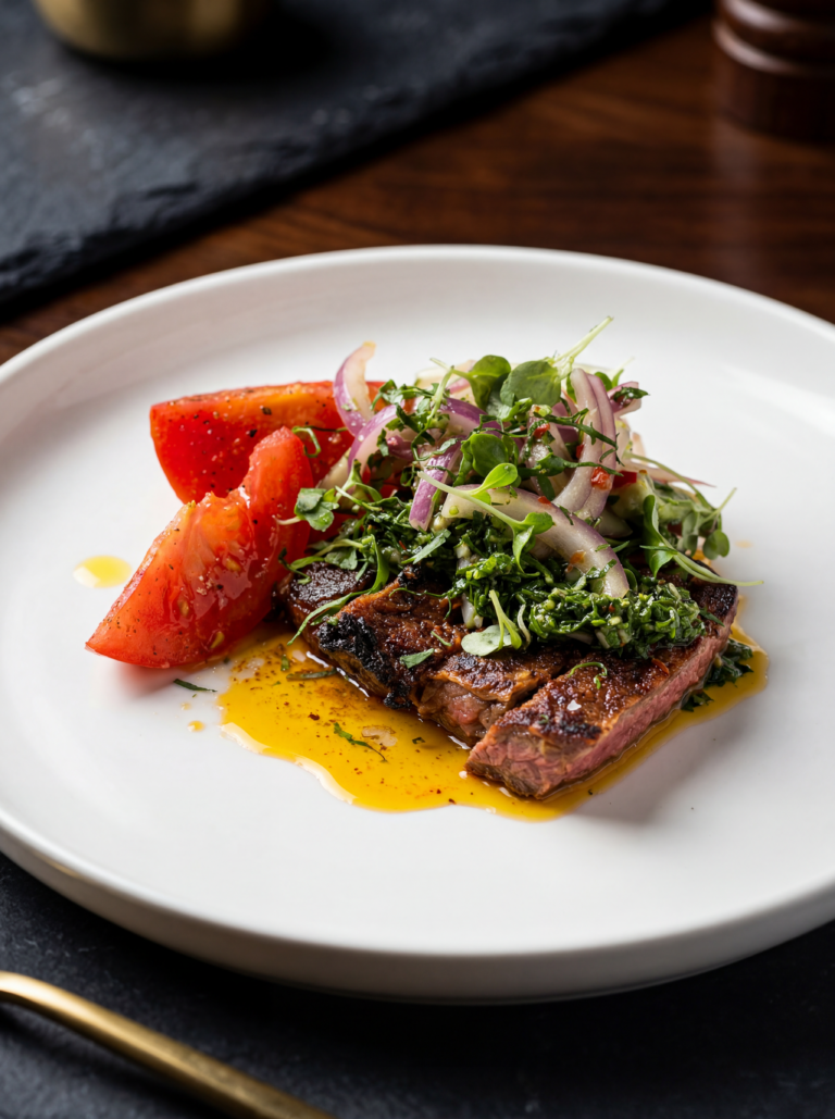 Flank Steak Aji Panca Chimichurri on a white plate