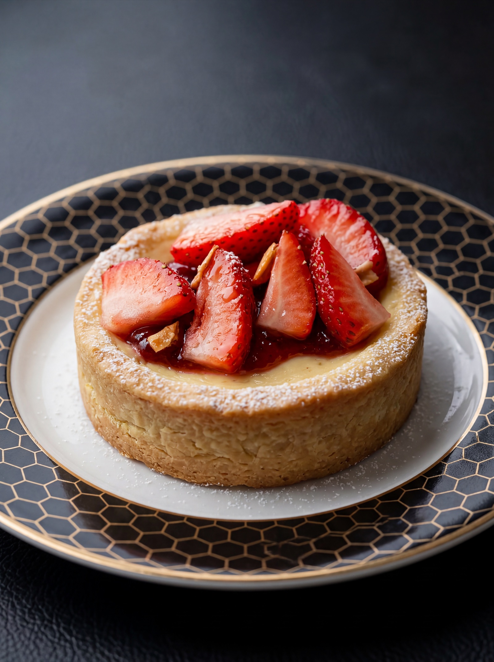 Gluten-Free Lemon Ricotta Tart sliced and plated with fresh strawberries