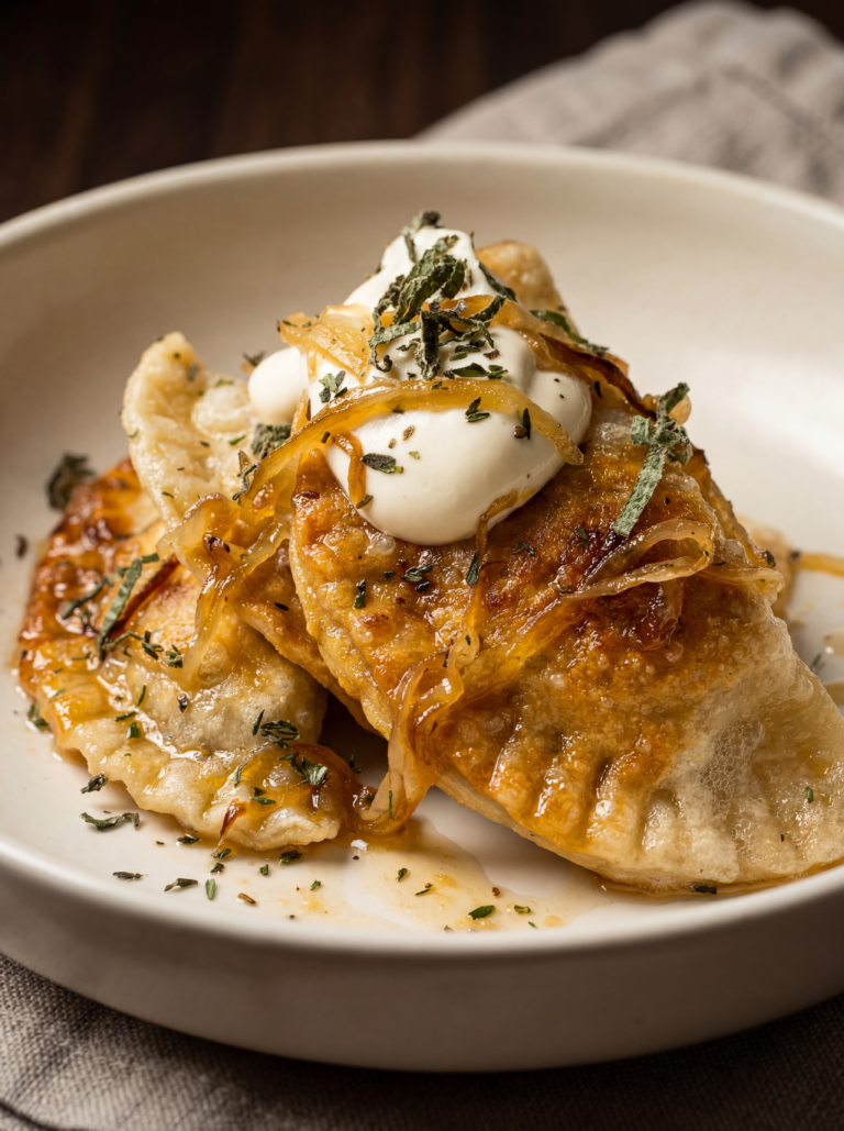 Sweet Potato Pierogies with Sage Brown Butter on a white plate
