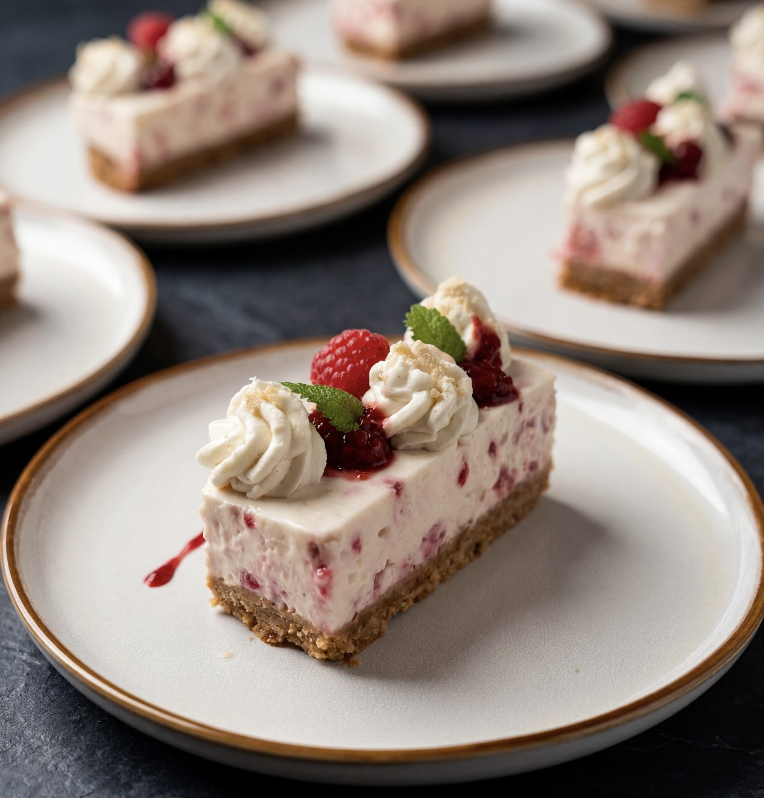 White Chocolate Raspberry Cheesecake plated with Vanilla Bean Chantilly and almond crumble